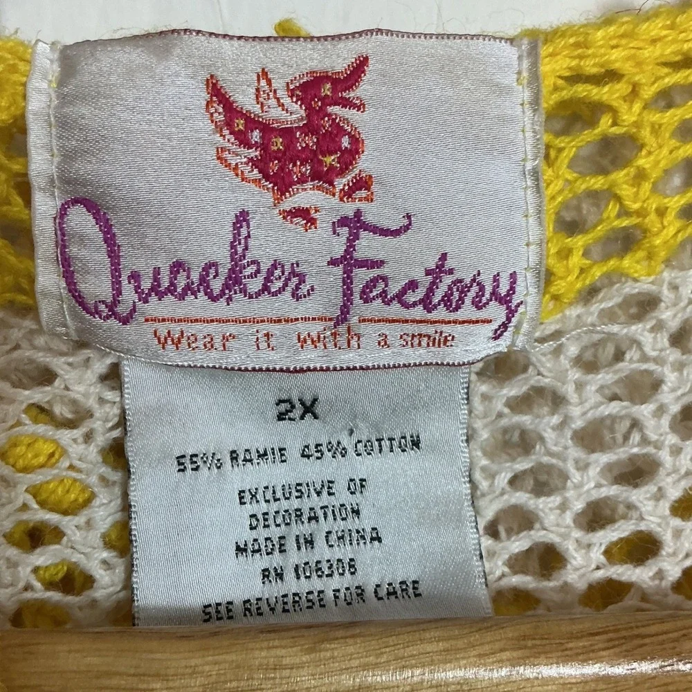Quacker Factory Women's 2X Yellow White Mesh Hooded Fulll Zip Jacket Beachy